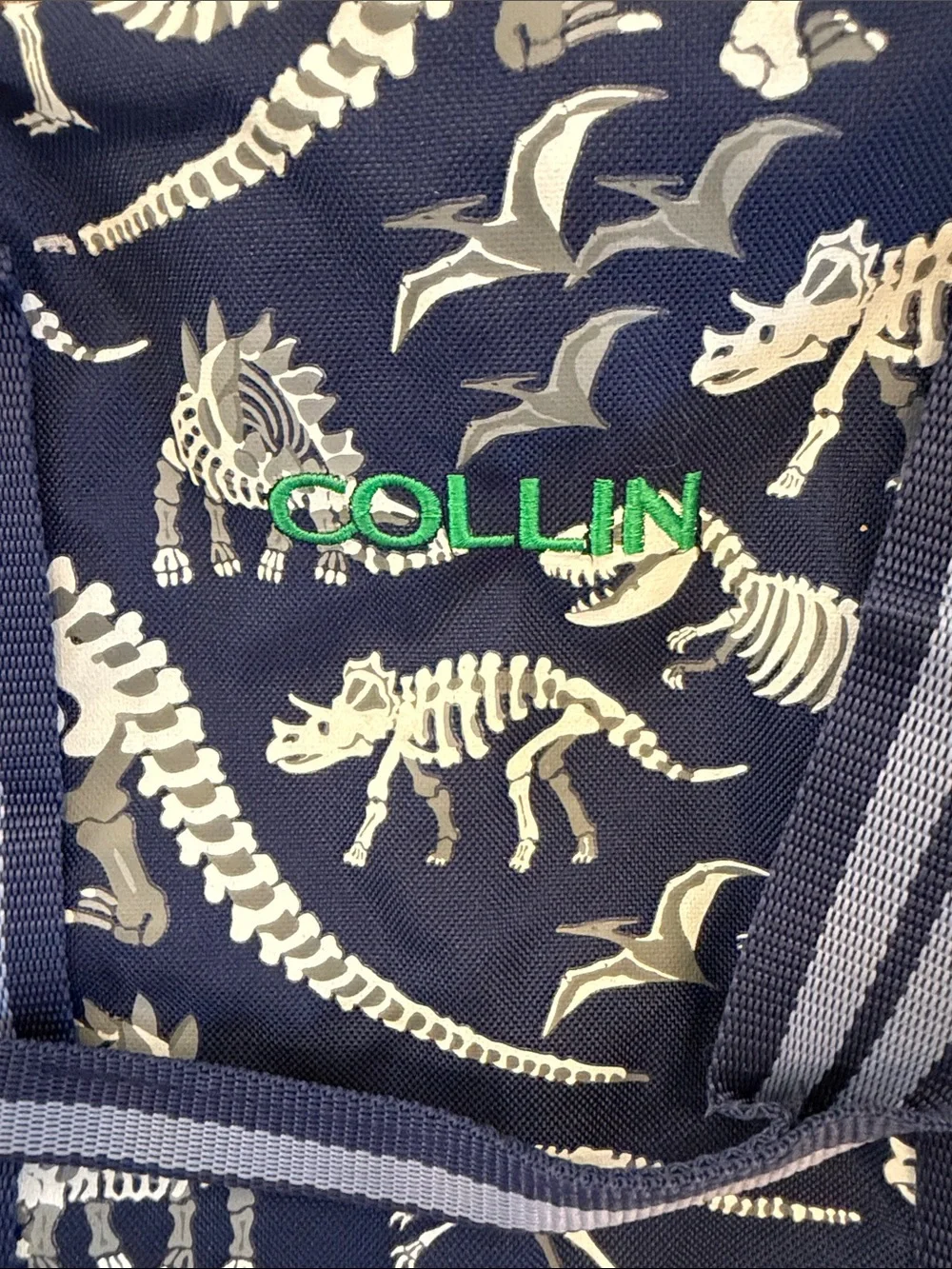 Pottery Barn Kids Navy Dinosaur Skeleton Toddler Duffel Bag embroidered name